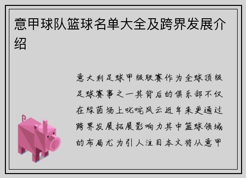 意甲球队篮球名单大全及跨界发展介绍